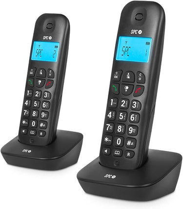 SPC Air Pro Dúo – Teléfono Fijo inalámbrico DÚO con Pantalla iluminada, identificador de Llamadas, Manos Libres, Modo Mute, Agenda 20 contactos, compatibilidad Gap y Modo Eco - Negro